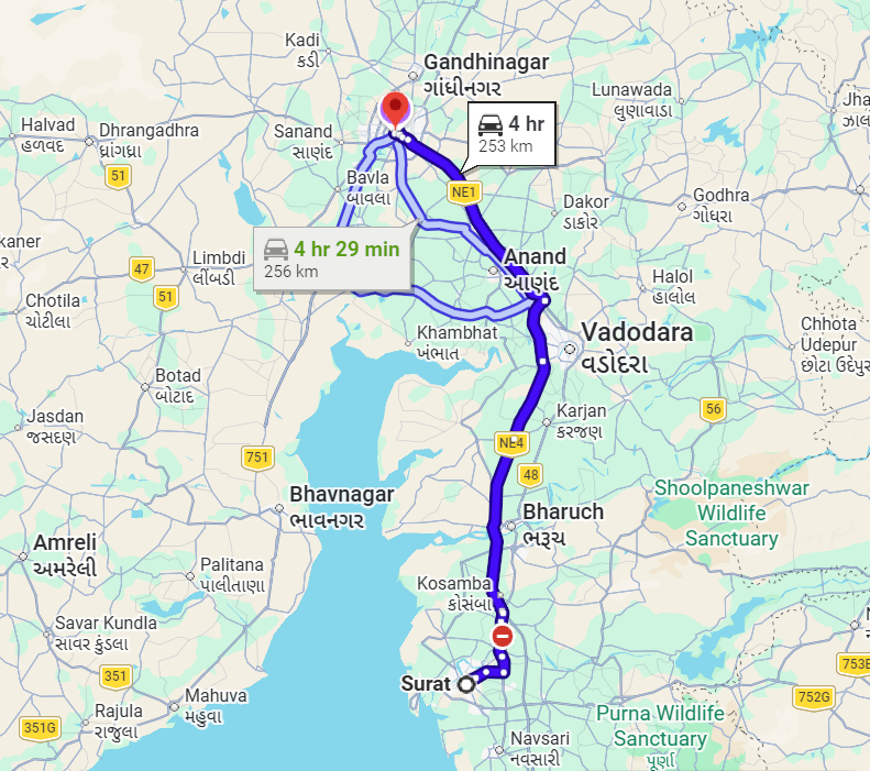 Surat to Ahmedabad distance by road route map showing best highway route